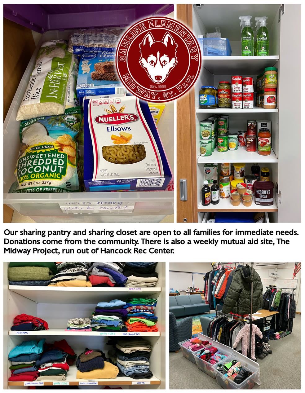 A collage of images showing food on shelves and in a bin, winter coats and boots, and clothing on shelves.